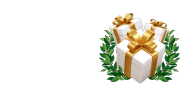 Приветственный бонус от Онлайн-казино Pinco с изображением ярких подарков и зелёных листьев.